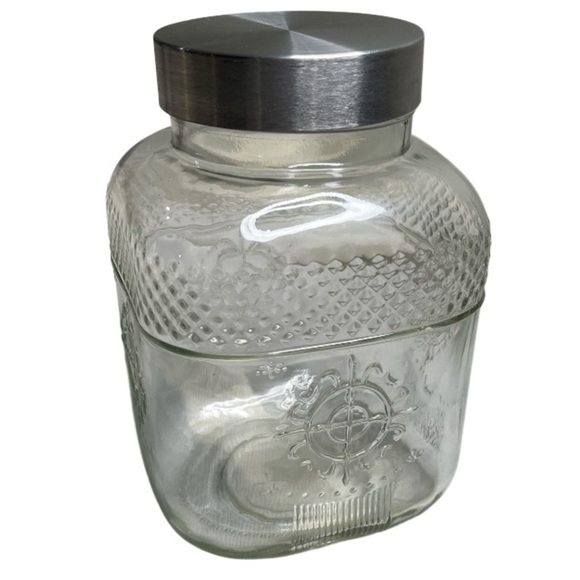 Textured Pattern Clear Glass Jar Screw Top Silver Lid Canister Storage - Picture 1 of 8